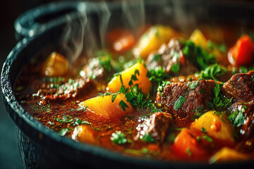 Hearty beef and vegetable stew in rustic pot with fresh herbs