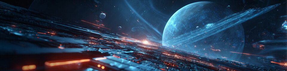 Futuristic space exploration adventure intergalactic setting digital art cosmic environment dynamic viewpoint sci-fi concept