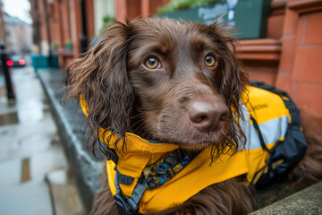 Brown dog in yellow raincoat on urban street
