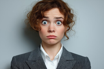 Young woman in business attire with surprised expression and curly hair