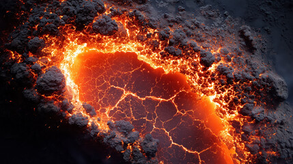 Molten lava flowing in crater with intense heat and fiery glow