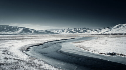 Frozen river flowing through snowy mountains scenic landscape winter wonderland peaceful wilderness tranquil view nature's serenity