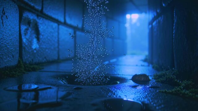 blue lit wet alley floor glow, low angle puddles reflecting neon light, glistening cobblestones and moss, brick walls leading to distant light, dripping water and rising vapor, cinematic