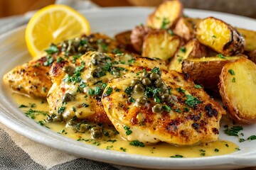 Halal chicken piccata with lemon butter sauce, served with roasted potatoes, soft golden light background