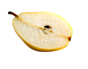 Fresh pear half on black, revealing juicy flesh, seeds, and stem