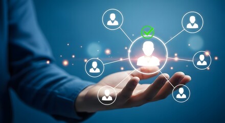 A hand holding a holographic network of interconnected user profiles and a central icon