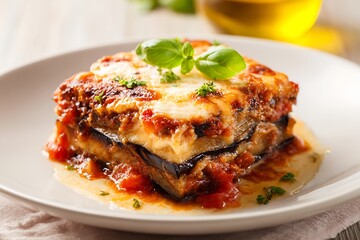 Halal eggplant parmesan layered with tomato sauce and cheese, served on a white plate, pastel-toned background