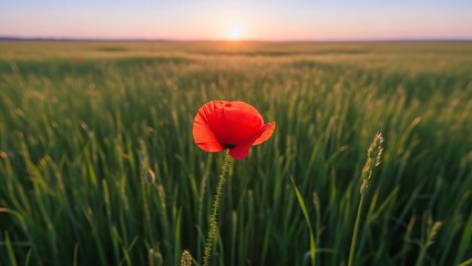 Red poppy stands tall in a lush green field at sunset