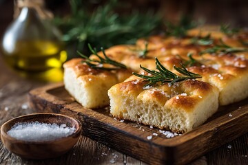 Halal focaccia bread with rosemary and sea salt, golden crust, served on a wooden tray, soft blurred background