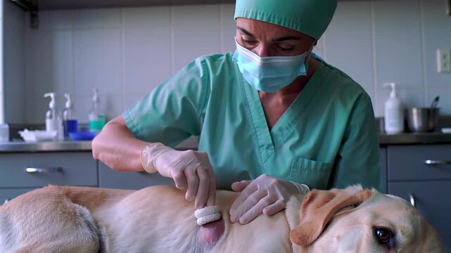 labrador dog on exam table receiving vaccination and abdominal palpation by veterinarian in green scrubs wearing mask and gloves calm atmosphere with clinical instruments, sterile surfaces,