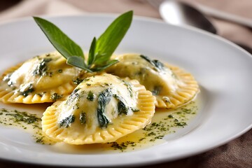 Halal ravioli stuffed with ricotta and spinach, drizzled with sage butter, elegant presentation, warm neutral background