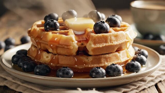 Stack of fluffy pancakes drenched in syrup, topped with butter and fresh blueberries. on a plate now