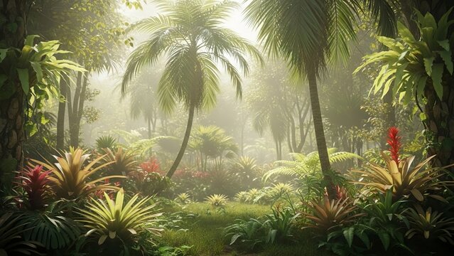 Lush jungle scene with palms ferns bromeliads and dappled sunlight creating a vibrant dense and verdant environment