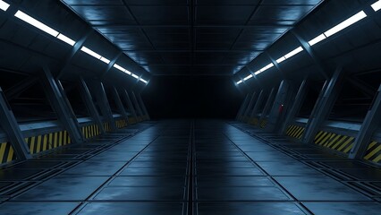 Futuristic dark metallic corridor with yellow safety stripes and overhead lighting hallway tunnel