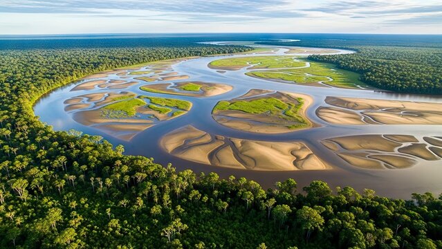 River meanders through lush green forests forming sandy islands and waterways under a cloudy sky