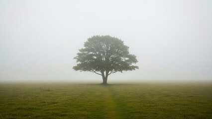 Obraz premium A lone tree stands in a foggy field fading into the mist