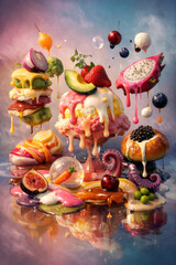 Surreal food art composition featuring floating desserts, fruits, and savory ingredients covered in glossy dripping sauces