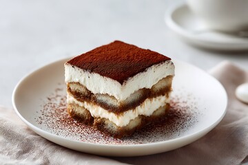 Halal tiramisu dessert with cocoa powder dusting, layered cream, elegant plating, soft neutral background