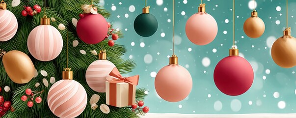 Soft blue background with Christmas ornaments, pine branches, and a gift box decor scene