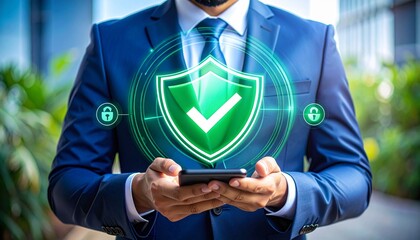 Formal professional holding smartphone with digital green shield security overlay in modern office