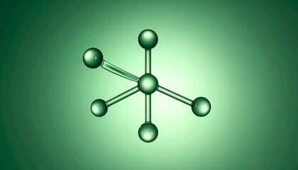 Stylized molecular structure&mdash;transparent spheres and cylindrical bonds on green gradient background with central atom.