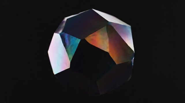 Iridescent faceted object with sharp edges casting a reflection on a dark surface