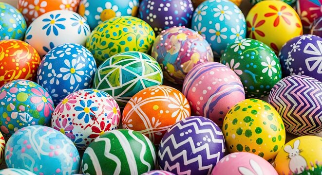 Colorful Decorated Easter Eggs Background with Traditional Patterns - Powered by Adobe