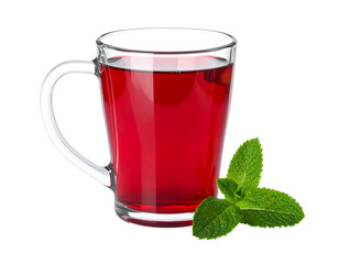 Clear mug of deep red beverage with fresh mint sprig