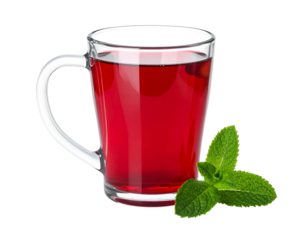 Clear mug of deep red beverage with fresh mint sprig