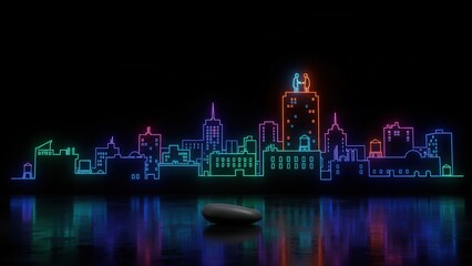 Naklejka premium Vibrant neon cityscape at night reflecting on a glossy surface with a subtle foreground element
