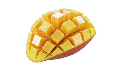 Half Mango Cut into Cubes on White Background