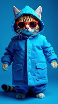 An adorably stylish cat models a bright blue hooded raincoat and chic sunglasses, embodying a cool and quirky pet fashion statement with a vibrant, monochromatic backdrop