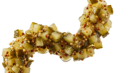 Visually striking composition of vibrant diced pickles and contrasting mustard seeds, forming a textured abstract curve, ideal for gourmet food