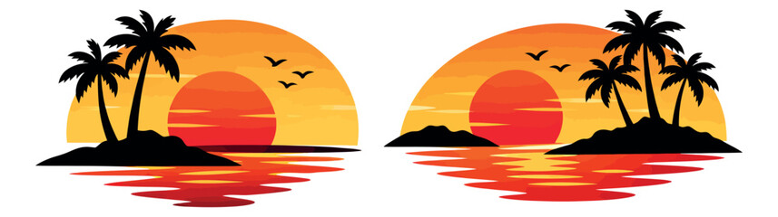 Obraz premium Flat design tropical island sunset set featuring palm trees, ocean, sun and birds for summer vacation and travel