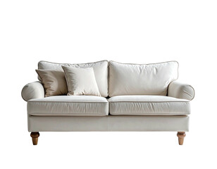 Fototapeta premium Plush, off-white, two-cushion sofa with two throw pillows on a dark background