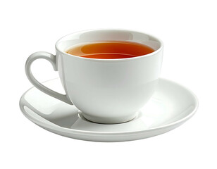 Obraz premium A steaming white teacup filled with amber liquid, rests on its saucer