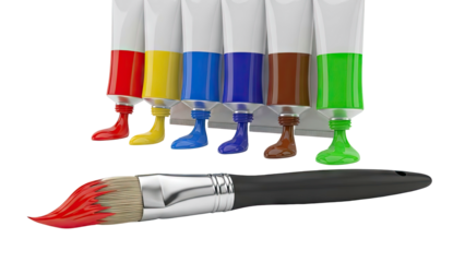 Paint Tubes and Brush with Red Paint