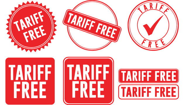 A collection of red and white tariff free stamps and labels