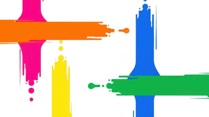 Colorful abstract paint splashes and drips isolated on transparent background for graphic design