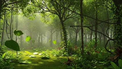 Obraz premium Lush sunlit forest scene with green foliage vines and a misty background