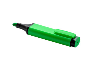 Bright green highlighter pen with a black cap and clip, isolated on black