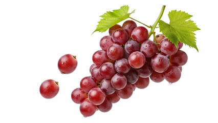 Fototapeta premium Vibrant cluster of crimson grapes with fresh green leaves captured on a pristine white background