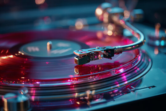 Close up of a red vinyl record spinning on a turntable with a needle headshell. Music playback, retro hobby, nightlife atmosphere.