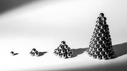 Progressive growth of magnetic metal spheres forming increasingly larger pyramid structures on a clean white background, illustrating accumulation and development.