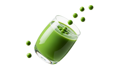 Vibrant green pea protein beverage for health and wellness floating peas around a refreshing glass