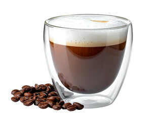 Frothy espresso in double-walled glass with roasted beans