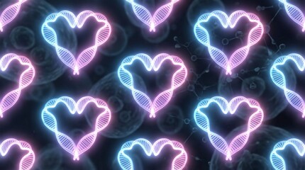 Seamless glowing DNA double helix heart shape pattern