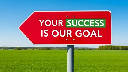 Red arrow road sign with 'Your Success is Our Goal' text, featuring a green highlight on 'Success', against a clear blue sky and a vibrant green field.