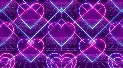 Seamless neon laser heart pattern on retro synthwave grid