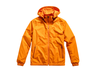 Vibrant orange hooded jacket with full zip and pockets, set on black